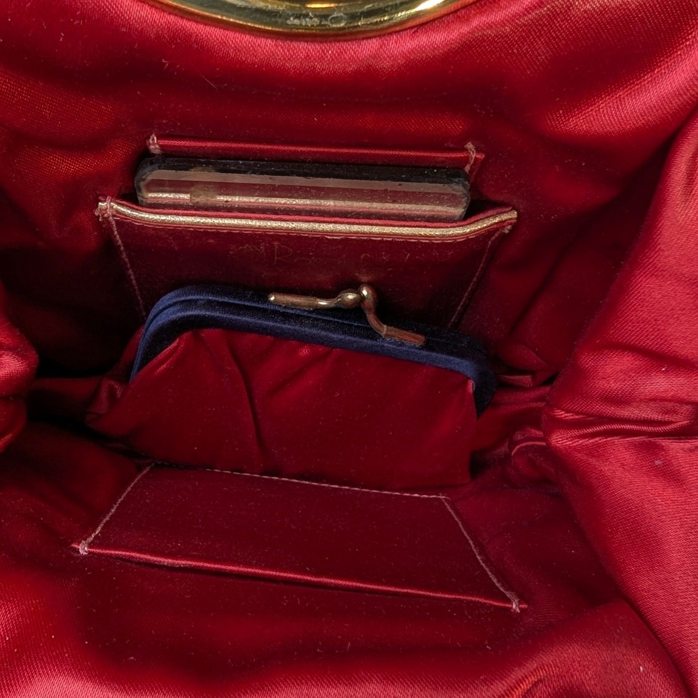 Vintage Rosenfeld Satin Evening Bag OS Navy Blue Gold Chain Clutch - Picture 8 of 12